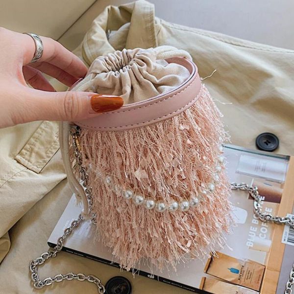 

shoulder bags sweet lady pearl tote bucket bag 2021 winter high-quality pu leather women's designer handbag chain messenger