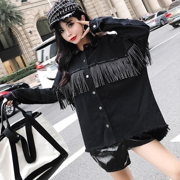 

#3104 autumn punk style denim jacket women tassels black batwing sleeve loose streetwear jeans bomber jacket oversize outerwear, Black;brown