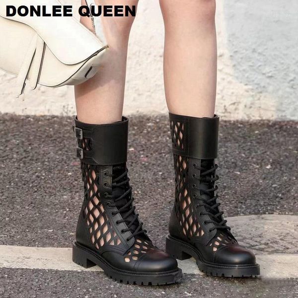 

boots fashion hollow hole ankle women round toe lace-up platform motorcycle 2021 summer breathable cool sandal brand1, Black