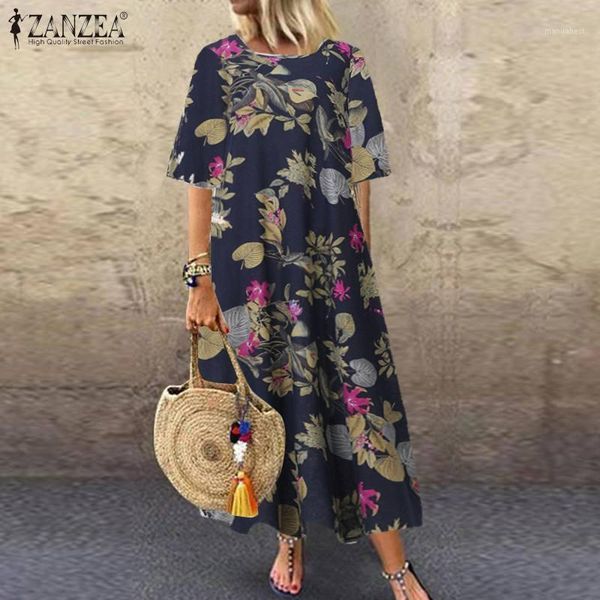 

summer vintage printed cotton linen dress zanzea women short sleeve loose long sundress casual bohemian vestido kaftan baggy1, Black;gray