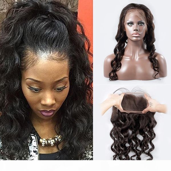 

360 lace band peruvian virgin human hair closure 22x2x4" lace frontal loose wave hair weave natural color lace closure ing, Black;brown