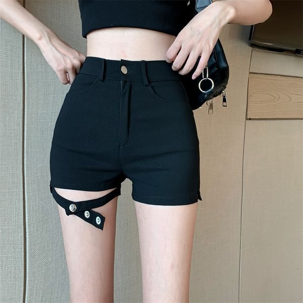 

2020 summer new high waist straight tight elastic pants hollow shorts show thin black jeans women's wear