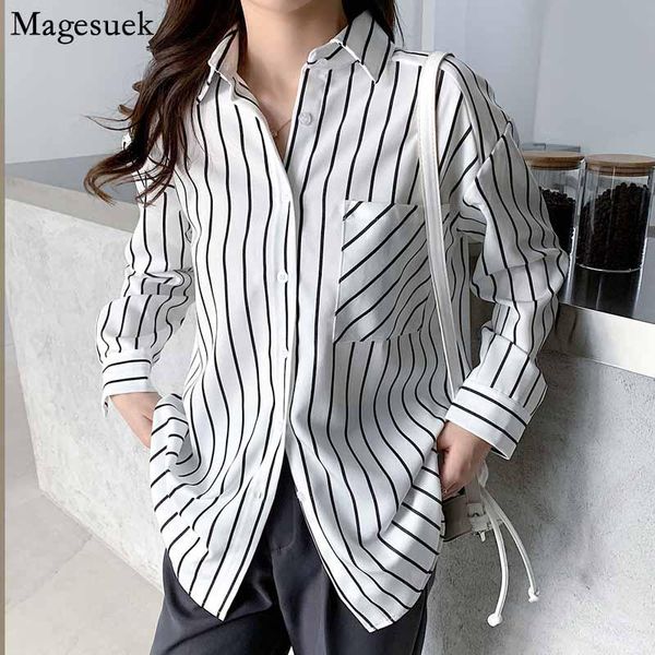 

turn-down collar ladies pocket blouses women casual striped button up white shirts autumn loose long sleeve fashion 12574