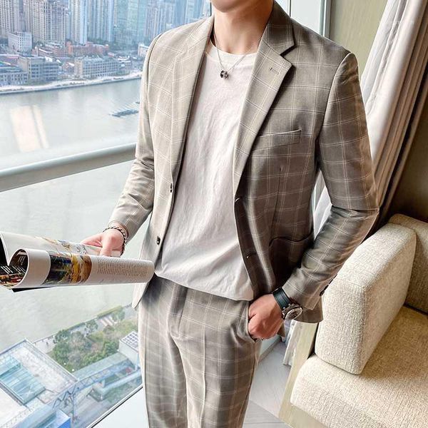 

men's suits & blazers 2021 plaid suit men groom wedding for casual slim 2 pcs set tuxedo street wear male clothing terno costume homme1, White;black