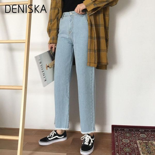 

deniska spring new straight ankle-length pants casual loose women jeans high waist solid female bule printing denim trou1, Blue