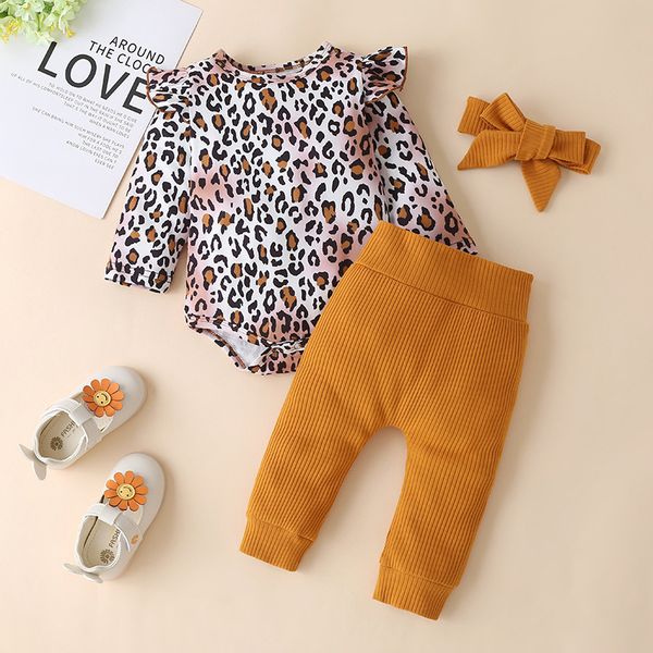 

0-18m 3pc newborn infant baby girls clothing set leopard print bodysuit romper+pants+hairband clothes outfits set 1021, White