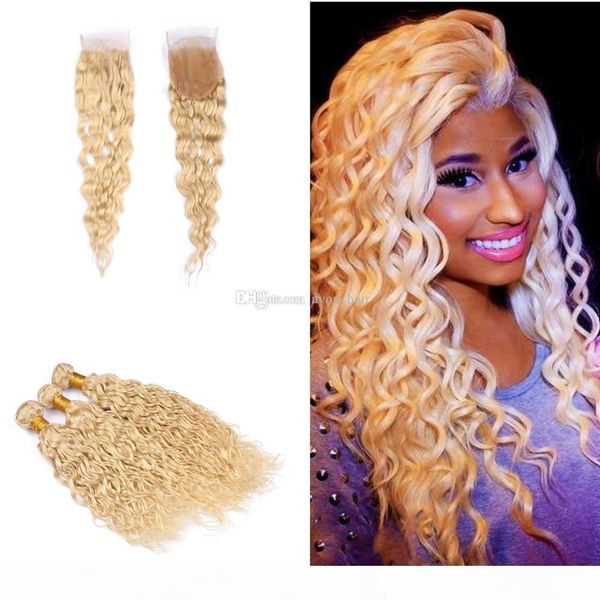 

pure color 613 water wave hair weaves 3bundles with closure 4x4 peruvian bleach blonde 613 wet wavy hair weft extensions with closure, Black;brown