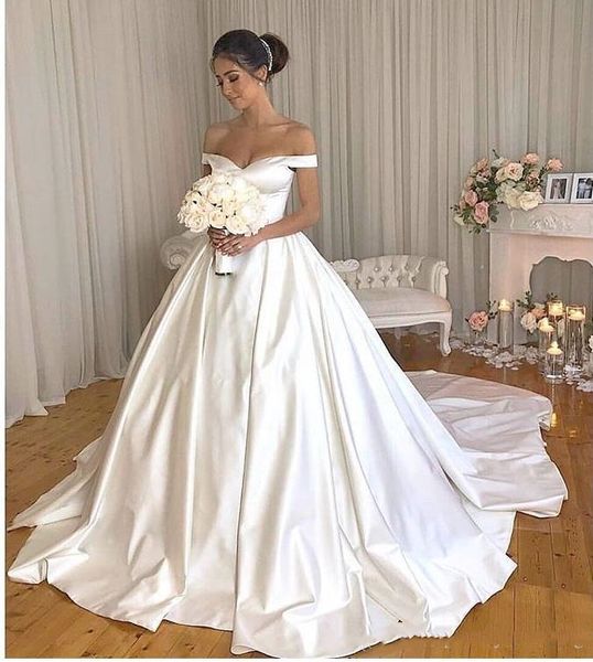 

simple satin wedding dresses ivory long train off the shoulder garden wedding gowns buttons back chapel train vestido de noiva bridal gowns, White