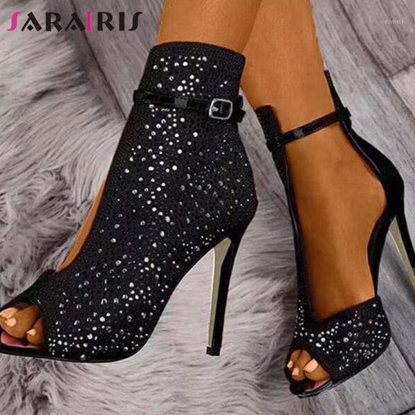 

sandals sarairis fashion ladies party vacation summer women round toe thin high heels crystal buckle shoes woman1, Black