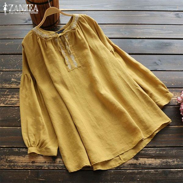 

women's embroidery blouse zanzea 2019 lantern long sleeve tunicshirts elegant linen bow casual blusas chemise plus size1, White