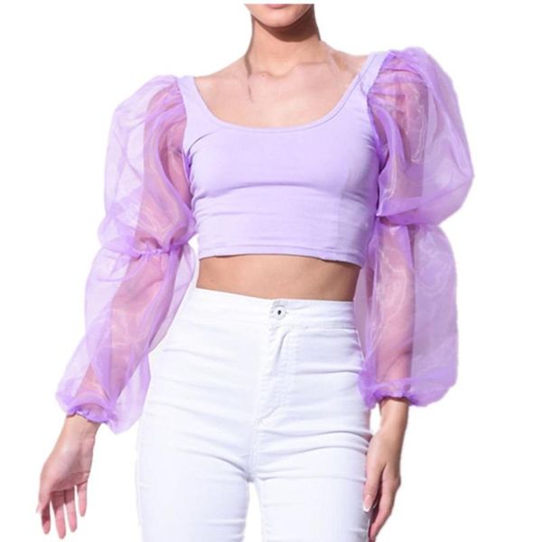 

women summer long sleeves mesh see through shirts blouses women chiffon short blouse shirt female, White