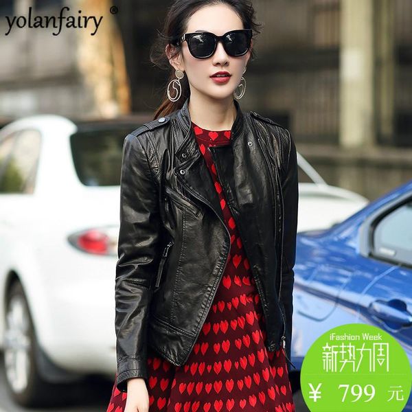 

leather jacket women sheepskin genuine leather jacket slim motorcycle real plus size chaqueta mujer 9311 yy623, Black