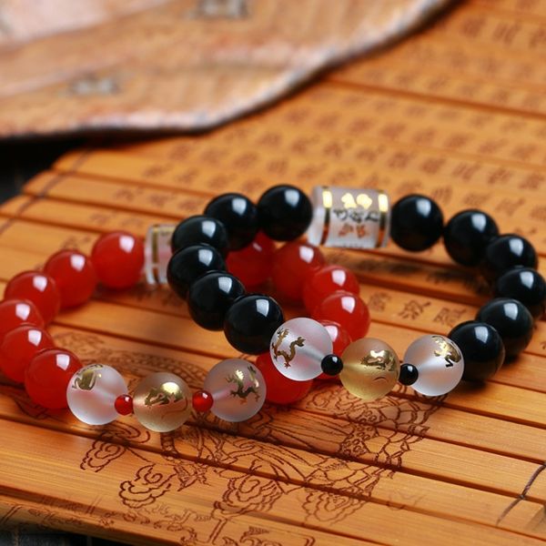 

5h5ne zodiac new obsidian mascot 2020 red 3-in-5-element 10-14mm 2020 new zodiac mascot obsidian agate bracelet braceletred agate 3-in-5-ele, Golden;silver