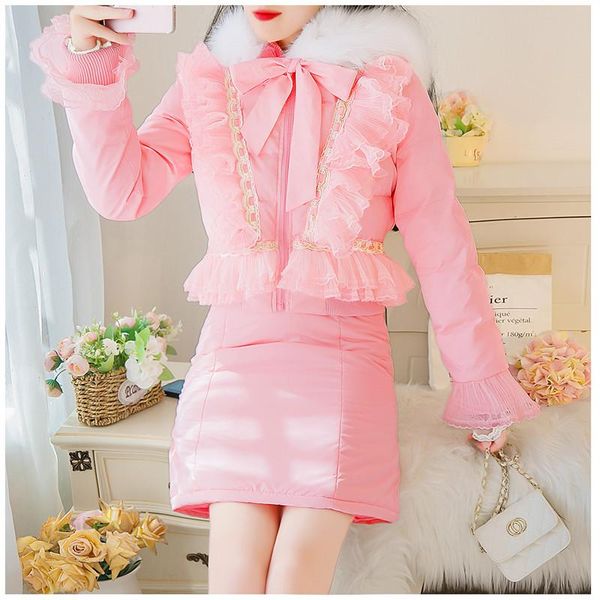

sweetxue winter elegant casual women's 2 piece set hooded lace stitching cotton jacket skirt cute warm suit female, Gray