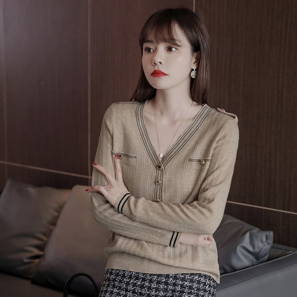 

korean knit sweater knitted sweaterknitwear small solid color short v-neck with long sleeve sweater simple autumn 2020 women's wear zht, White;black