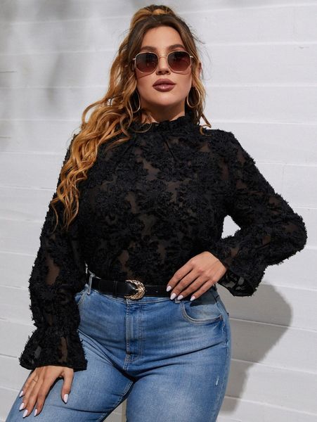 

plus flounce sleeve chiffon fuzzy blouse m7ev#, Black