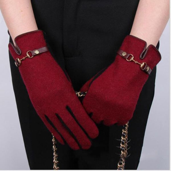 

five fingers gloves fashion chain cashmere embroidery plush windproof driving glove winter warm womne wool thicken cycling touch screen mitt, Blue;gray
