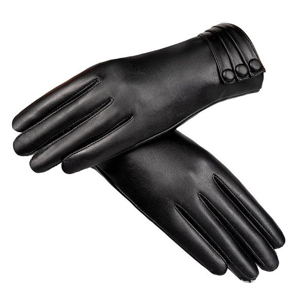 

five fingers gloves leather women winter touch screen design black fingerless plush warm female mittens driving guantes, Blue;gray