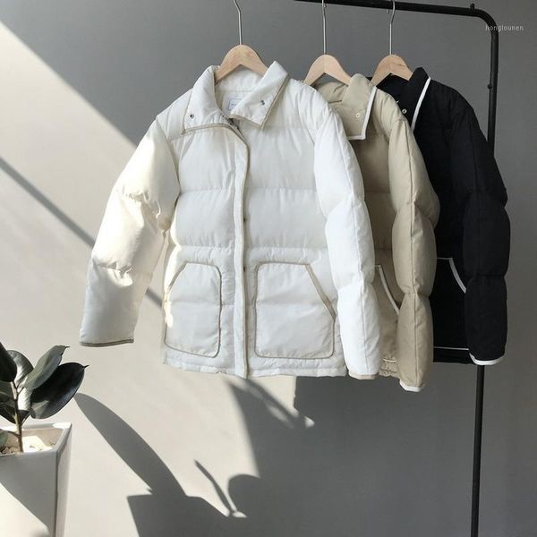 

winter coat women jackets parka fur lapel thick warm outwear with pockets solid harajuku bubble femme puffer jacket parkas1, Black