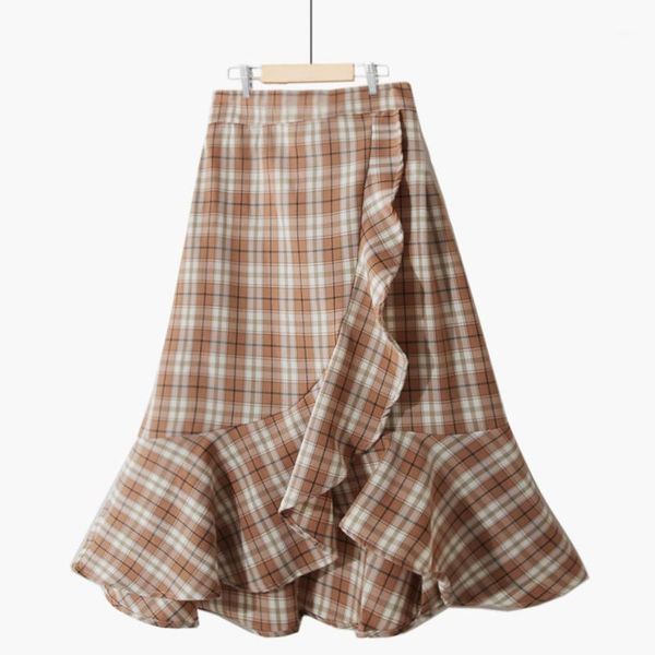 

sweet ruffled irregular plaid skirt 2021 summer new high waist slim stitching chiffon midi skirt1, Black