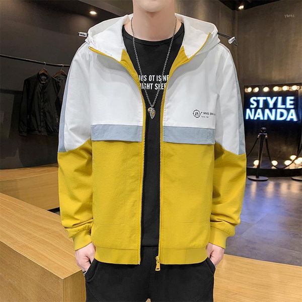 

pockets printed letter multiple patchwork thin men hooded jacket fashion casual pullover covered button clothing 2020 new j60091, Black;brown