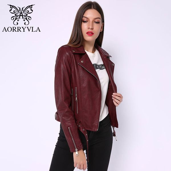 

aorryvla faux pu leather jacket women turn-down collar black motorcycle ladies coat zippers high street female biker jacket 201030