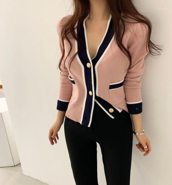 

fashion korea chic contrast color sweater women new single breasted v neck office knit sweater cardigans for autumn spring1, White