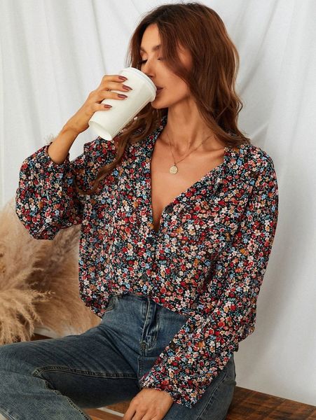 

ditsy floral lantern sleeve blouse c94l#, White