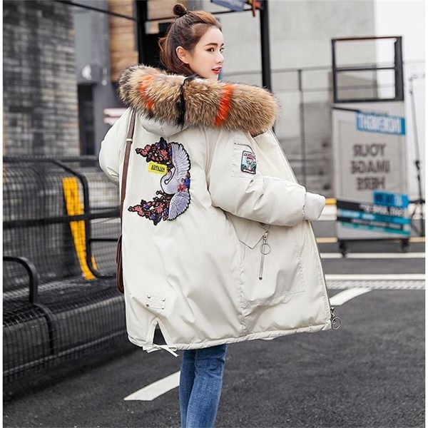 

winter parkas women 2020 new embroidery hooded fur collar loose long coat mujer thick warm casual overcoat fashion black jacket lj201127