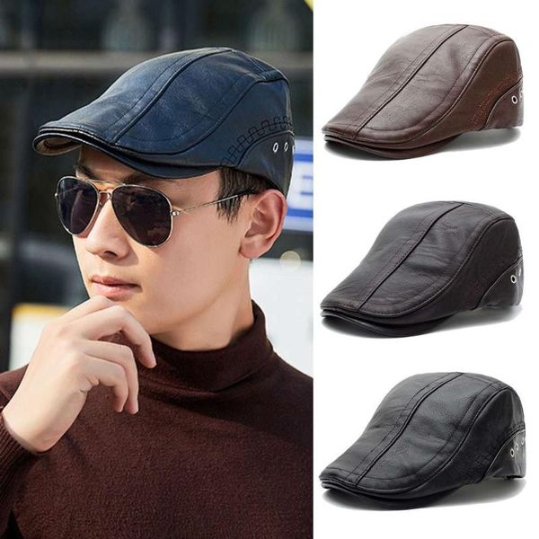 

berets winter beret caps for men pu leather solid hat british retro style thicken flat cap artist painter, Blue;gray