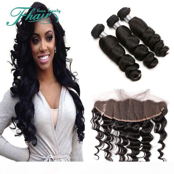 

13x4 lace frontal with bundles,7a malaysian loose wave hair 8"-30"inch 3 bundles with frontal closure dhl, Black