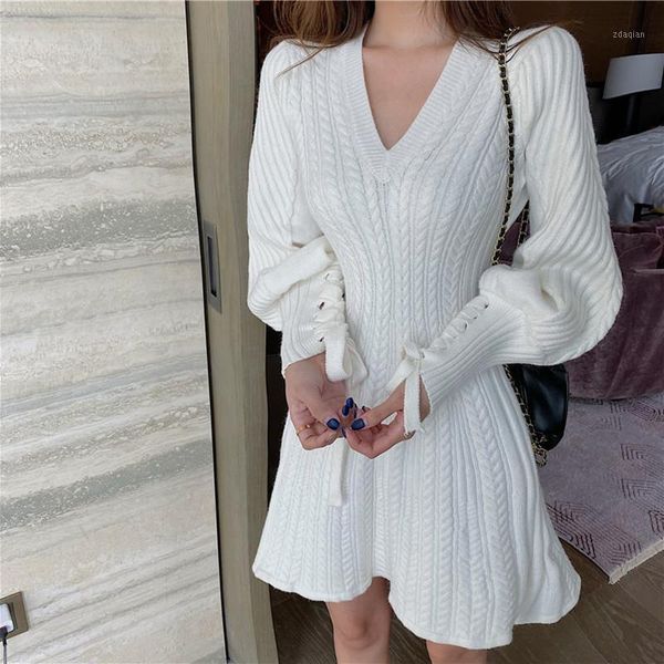 

casual dresses elegant lace-up lantern sleeve a-line knitted dress temperament v neck twist pattern sweater women autumn winter1, Black;gray