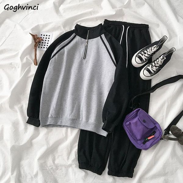 

women sets two-pieces patchwork zipper baggy plus velvet pullover bf couples drawstring stretchy solid straight pants casual ins, Gray