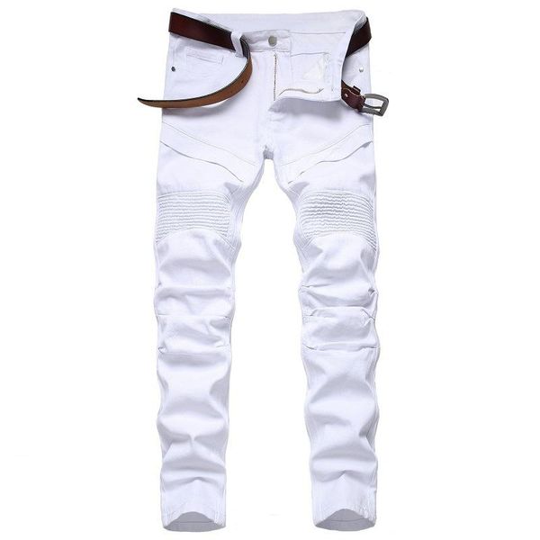 

men's jeans 2021 men white motorcycle original cool pleated casual, Blue