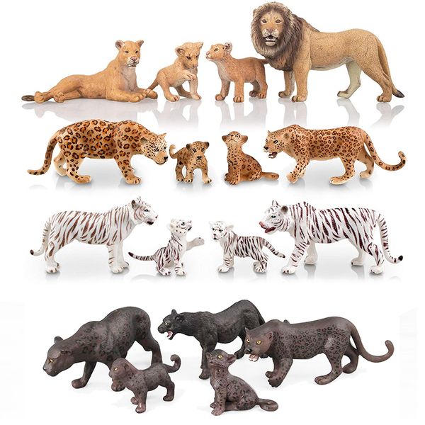 

realistic wild animals lion,white tigers,leopards,panther figurines with cubs, 2-5" safari animals model figures family set 1008