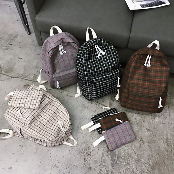 

2set canvas women plaid pattern new teenager girl bags mochilas female school backpack bagpack