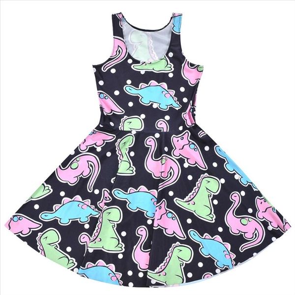 

new dress girls dress women dress digital print cute animal cartoon dinosaur summer sleeveless beach vestidos, Black;gray