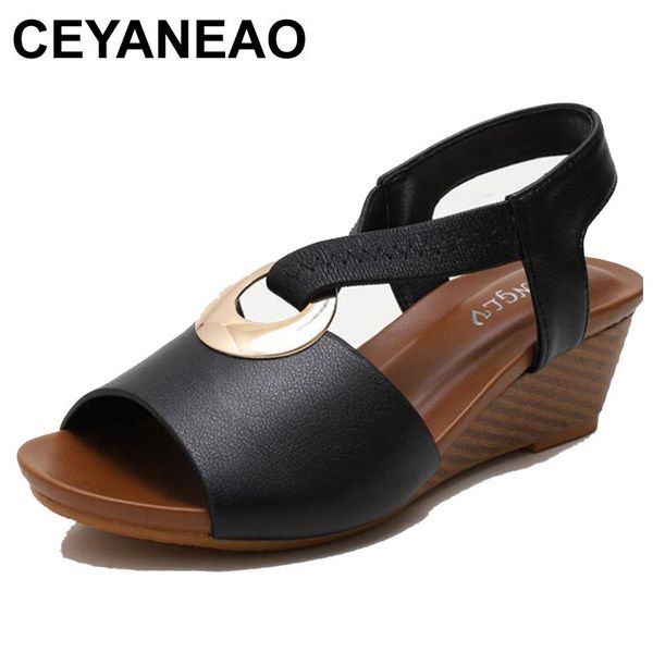 

ceyaneaosummer new women's sandals women soft leather open toe casual wedges sandals female slip-on flat ladies plussize, Black
