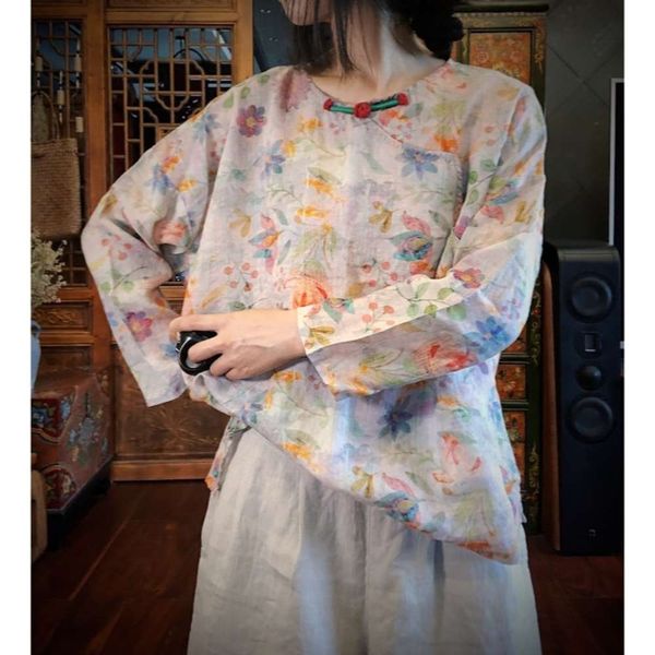 

2020 luoguni pure ramie digital printing manual coil button loose blouse 1654 flowers, White