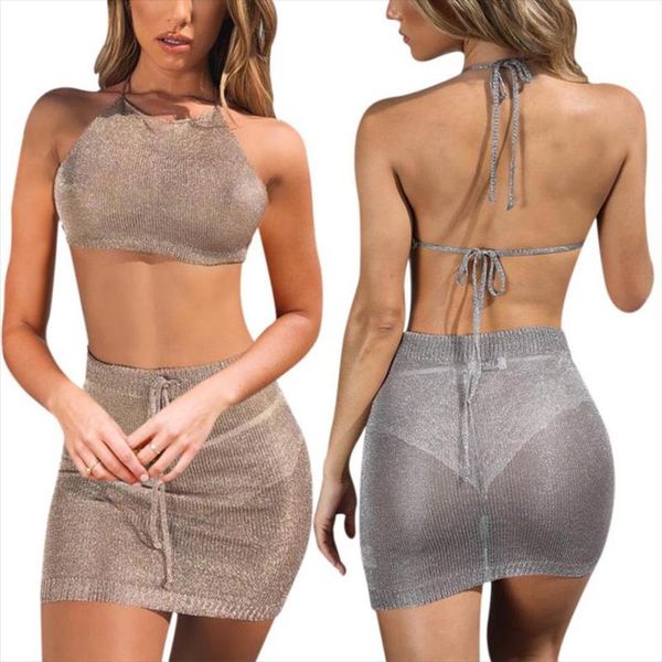 

women 2 piece bodycon halter neck tank skirt set casual clubwear party crop wrap red solid sets, Gray