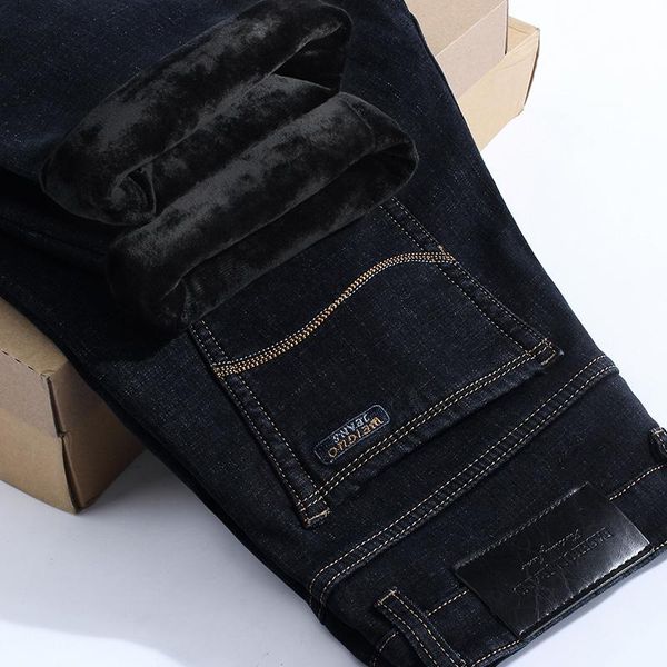 

2020 winter new men's warm slim fit jeans business fashion thicken denim trousers fleece stretch brand men jean black blue gray
