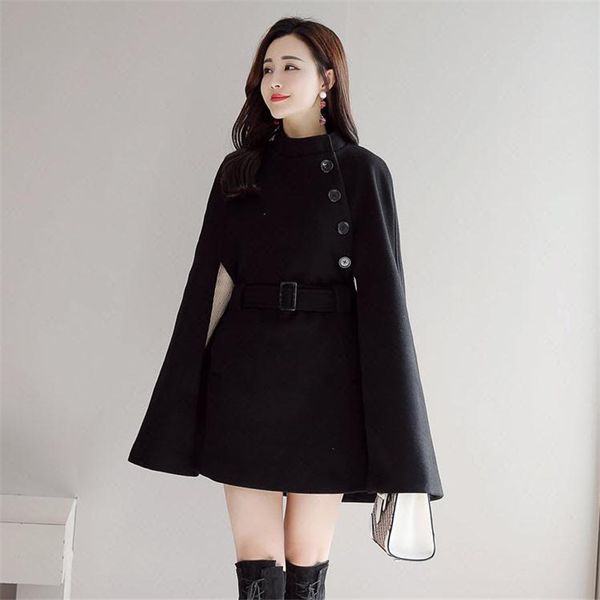 

2021 New for Woman Spring Fashion Thin Sash Wool Loose Coat Black Ponchos U6SS