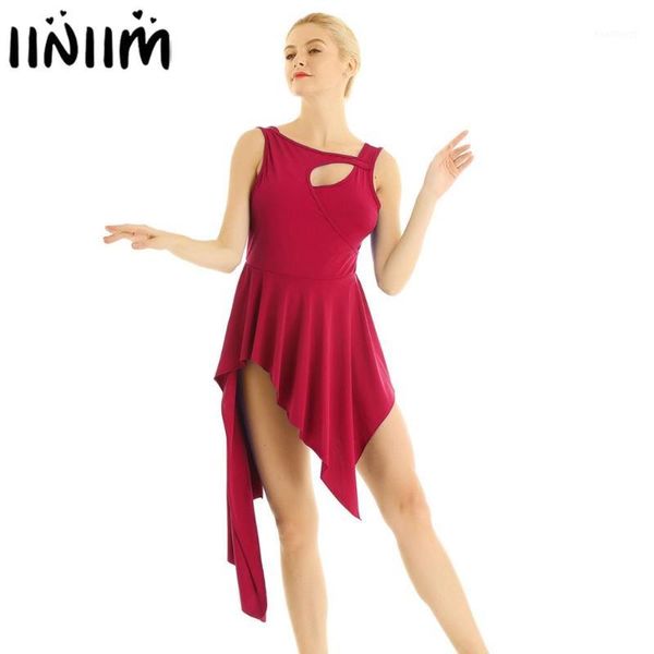 

iiniim high low fancy costume ballet dance dress front cut out stage performance gymnastics leotard dance dress for womens1, Black;red