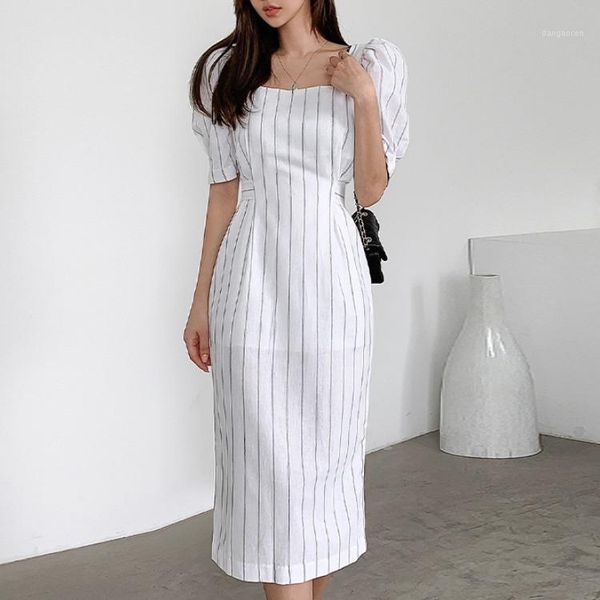 

2020 summer new ladies slim temperament waist striped dress sheath polyester office lady sleeveless1, Black;gray