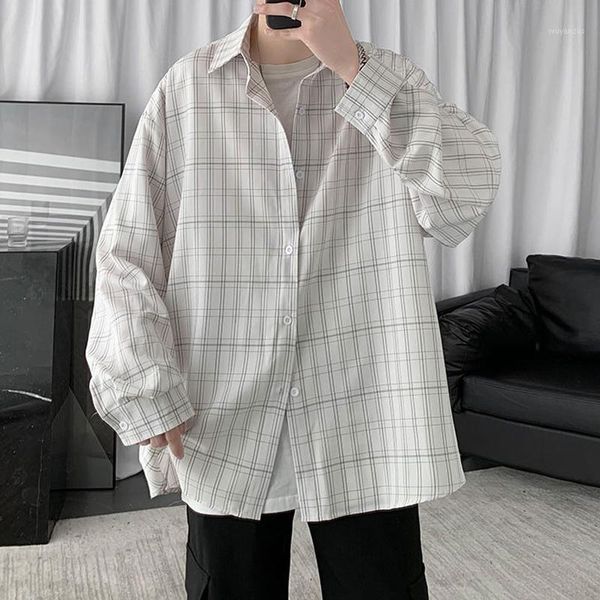 

casual shirts men large size vintage black white blouse streetwear plaid men's shirt button baggy long sleeve green korean1, White;black