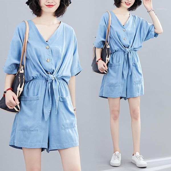 

#1523 summer denim playsuit women short sleeves wide leg pants pockets v-neckbuttons thin short jumpsuit loose vintage1, Black;white