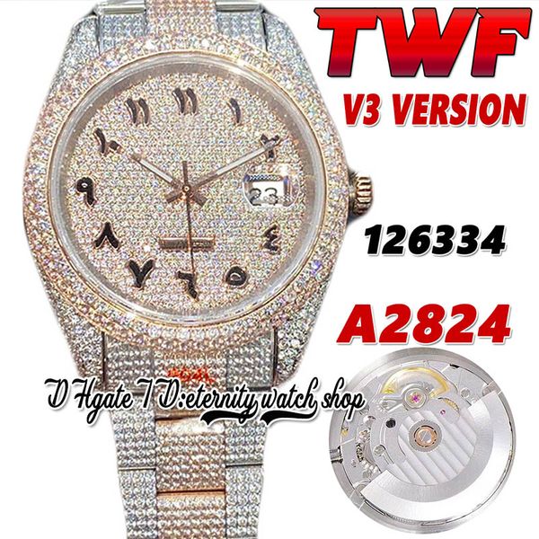 

2022 twf v3 126331 126334 a2824 automatic mens watch 116244 paved diamonds rose gold arabic dial 904l stainless case fully iced out diamond, Slivery;brown