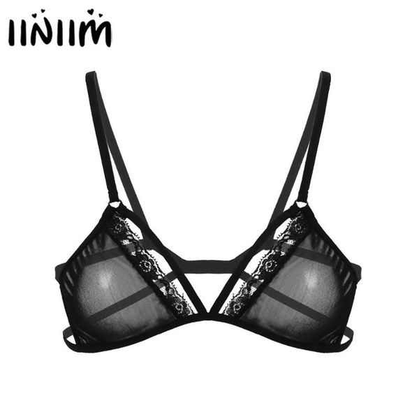

womens sissy cocktail party crop see through sheer mesh lingerie exotic bras spaghetti straps wire-unlined bra top, Red;black