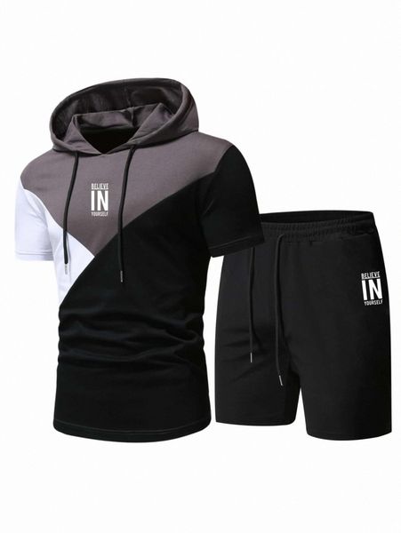 

men colorblock letter graphic hooded tee & track shorts s3hz#, Gray
