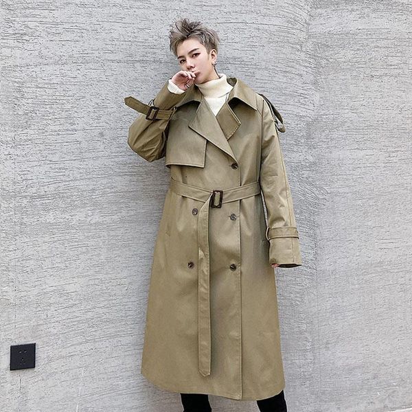 

male women couple streetwear loose jacket cloak overcoat men's double breasted belt vintage casual long trench coat outerwear1, Tan;black